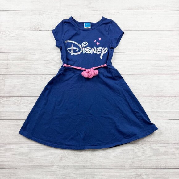 Disney Other - Disney Girls Blue Dress Short Sleeve Logo Dress Pink Belt Fit Flare M 7-8